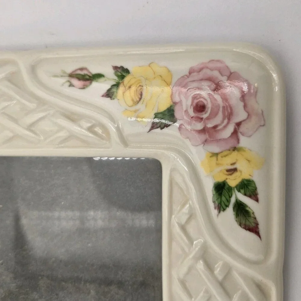 Belleek Fine China Ireland Red Yellow Rose‎ White Lattice Picture Frame VTG 2000